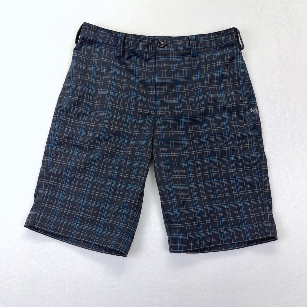 Under Armour Golf Shorts Mens 34 Black Blue Plaid Performance Stretch Flat Front